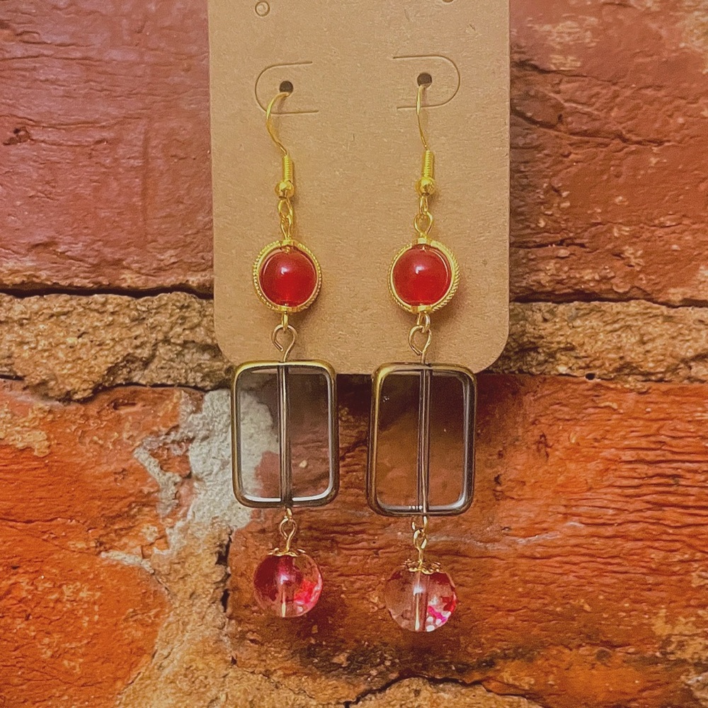 Gold and Red Geometric Earrings with Crystal Beads